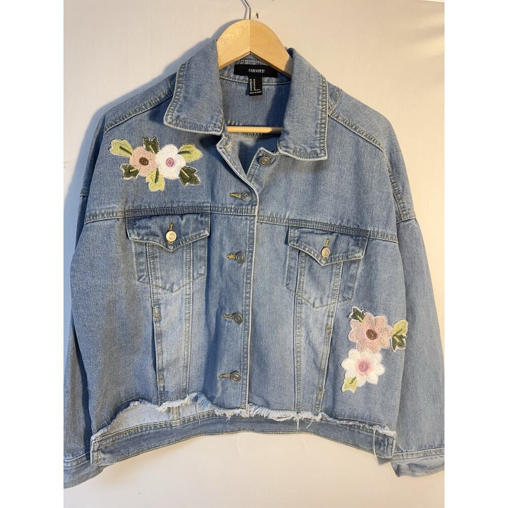 Floral Denim Jacket Cropped‎ Forever 21 Embroidered Y2K Cottagecore